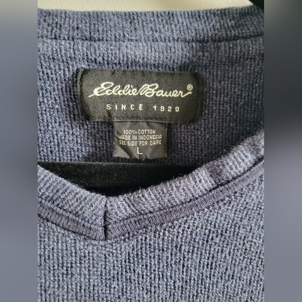 Vintage Eddie Bauer Dusty Blue V-neck 100% Cotton Knit Long Sleeve Mens Large - Picture 6 of 10